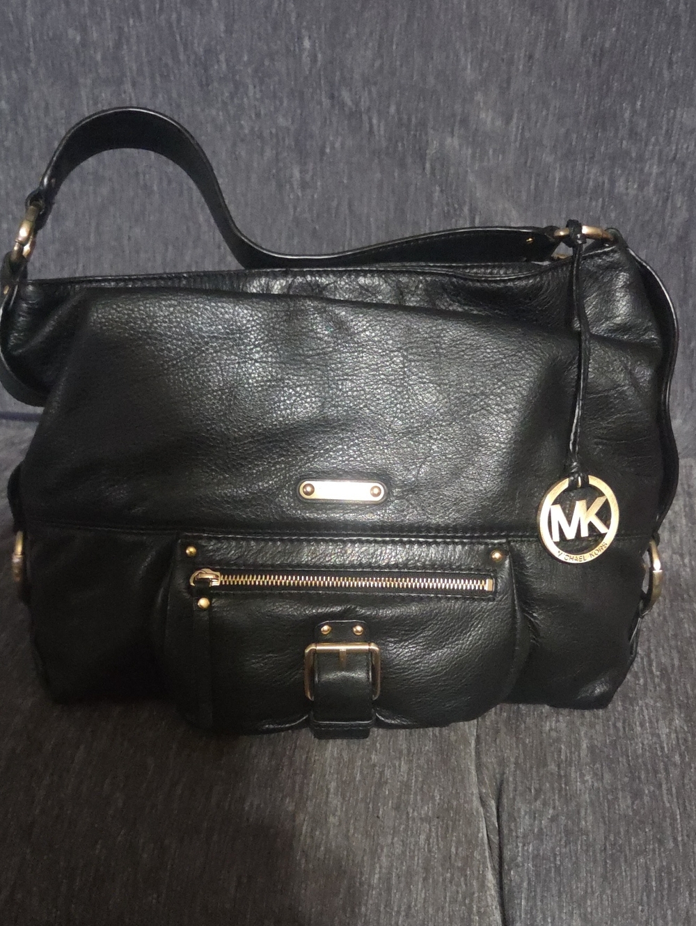 Michael Kors Black Leather Shoulder Bag with Gold Hardware and MK Charm